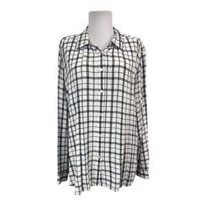 Loft Women's XL Button Down Blouse White Black Plaid Long Sleeves